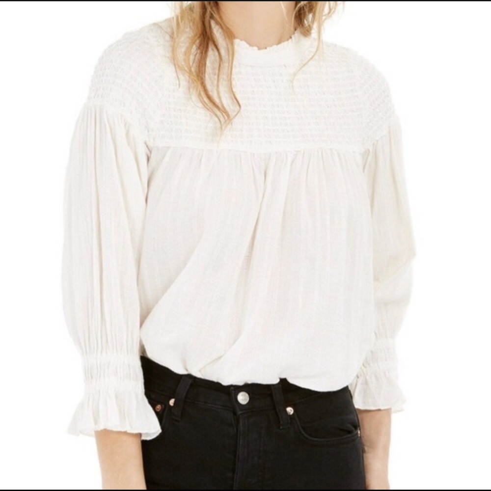 Free People Mila Smocked Yoke Tunic Top in Ivory